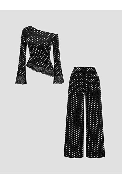 WEEST MODA Black Polka Dot Lace Detailed Asymmetrical Blouse and Palazzo Trou...