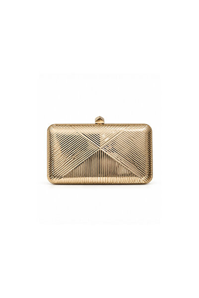 Mozto Zena Altın Rengi Geometrik Detaylı Metal Clutch Abiye Çanta