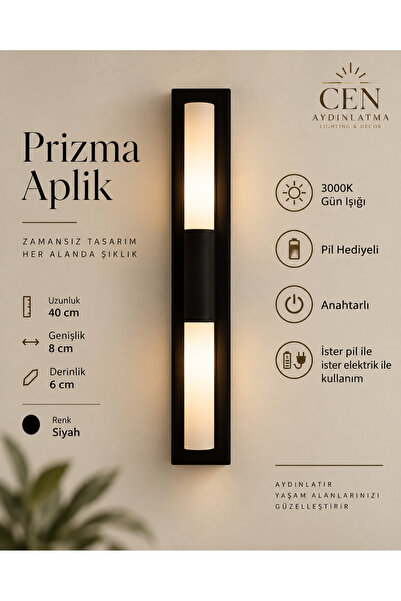ZEYNEP RANA CEN Aydınlatma Prizma Pilli Duvar Apliği 40 cm – Elektrikli Kulla...
