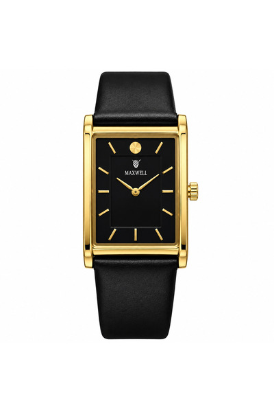 Maxwell Men's Rectangular Gold-Tone Watch with Black Dial and Black Strap