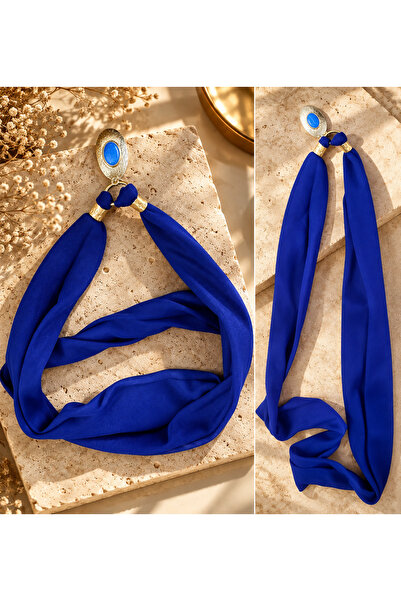 Bukiro Women's Saks Blue Scarf Necklace Long Fabric Shawl Necklace Gold Metal Oval Blue Stone Medallion 2 Layered Use Design Necklace