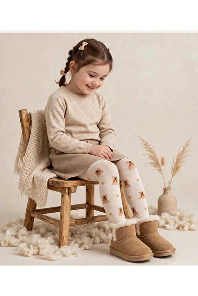 DÜVEN Light Beige Crescent and Star Patterned Children's Cotton Pantyhose