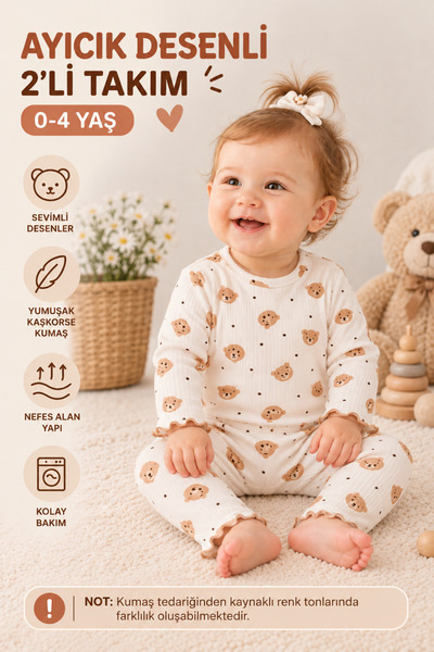 eymwes Kız Erkek Bebek Çocuk Ayıcık Desenli Kaşkorse Uzun Kollu Pijama Takımı Alt Üst 2’li Takım