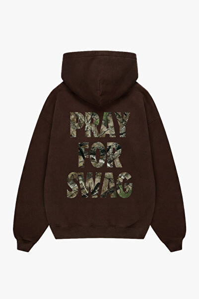 Sekizbiraltı Traves Pray For Swag Sırt Baskılı Acı Kahve Oversize Unisex Hoodie