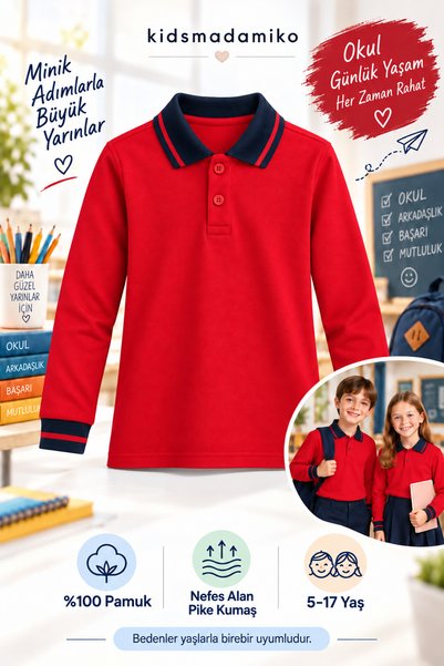 Kidsmadamiko Uzun Kollu Polo Yaka %100 Pamuk Pike Okul Tişörtü Kırmızı Lacivert 5-17 Yaş
