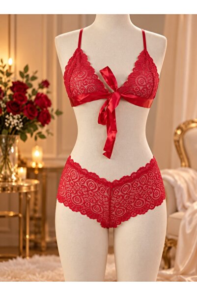 MADALİNA Women's Red Front Clip Lace Stylish Bra Panty Set