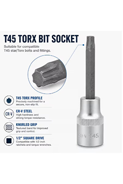 Generic Brand T45 Torx Bit Socket 1/2 Inch Drive, 4 Inch Long CR-V Metal Star Socket Tool For Ratchet, Car Repair, Workshop & DIY Maintenance