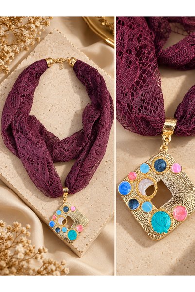 Bukiro Burgundy Lace Scarf Necklace Colorful Stone Gold Geometric Necklace Stylish Design Women's Necklace