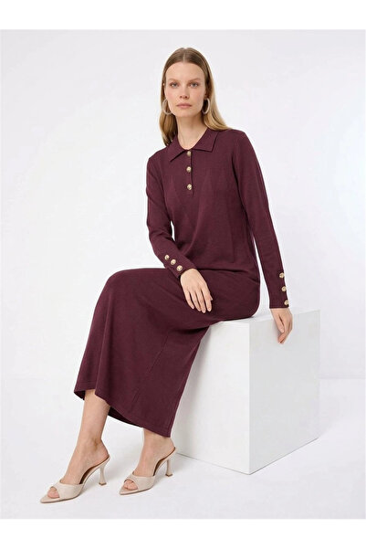 Nuss 801 Polo Yaka Kol ve Yaka Düğmeli TRİKO Elbise Bordo
