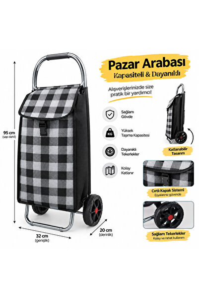 Pazar Arabası Siyah Beyaz Kareli Desenli Çift Tekerlekli Katlanabilir Alışveriş Arabası