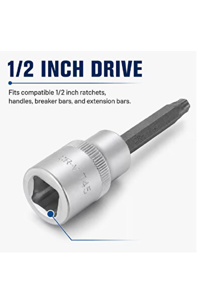 Generic Brand T45 Torx Bit Socket 1/2 Inch Drive, 4 Inch Long CR-V Metal Star Socket Tool For Ratchet, Car Repair, Workshop & DIY Maintenance