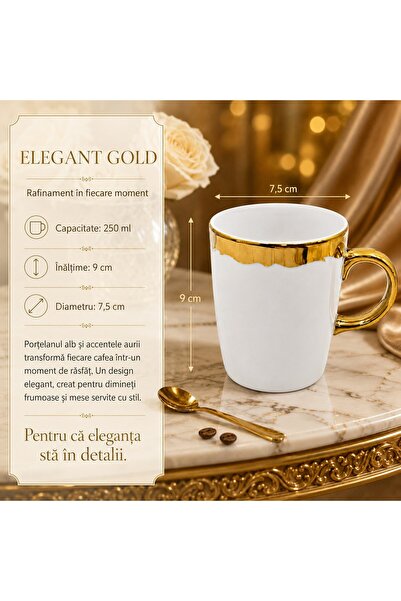 OEM Cană elegantă din porțelan auriu pentru cafea și ceai, 250 ml, albă cu detalii aurii