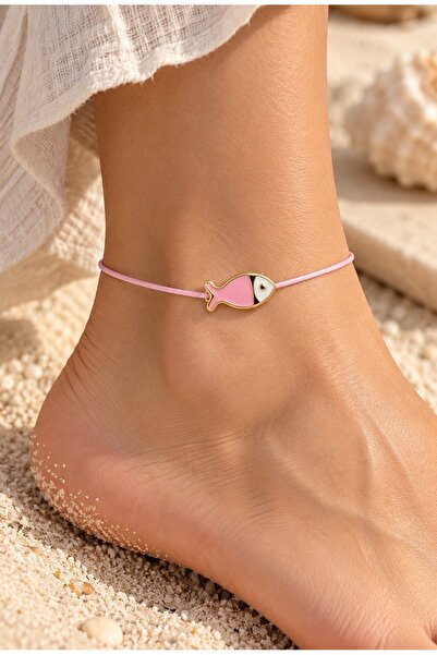 Femenino Adjustable Anklet with Pink Enamel Fish Figure