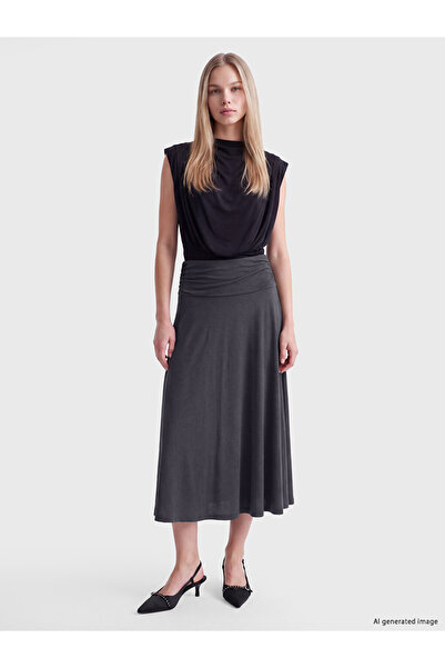 LC Waikiki Vizyon New Season Anthracite Elastic Waist Gathered Flared Skirt