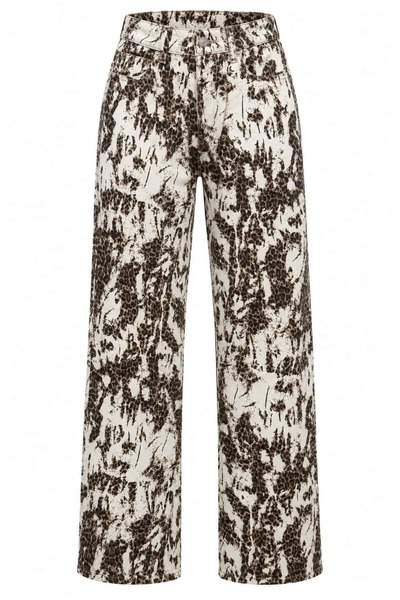 ROYAL'S AURA Ekru Leopar Desenli Yüksek Bel Wide Leg Jean