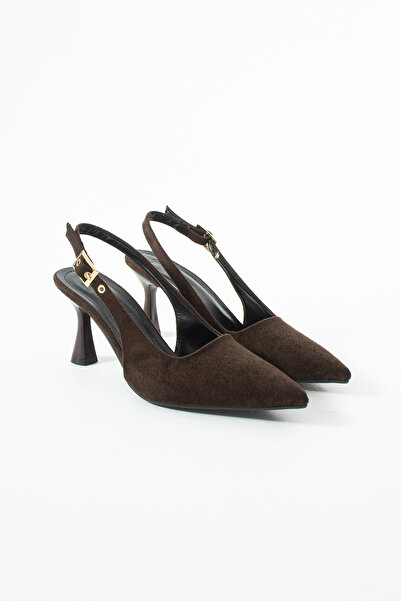 KM shoes Women's Brown Suede Pointed Toe Buckle Thin Heeled Slingback Shoes