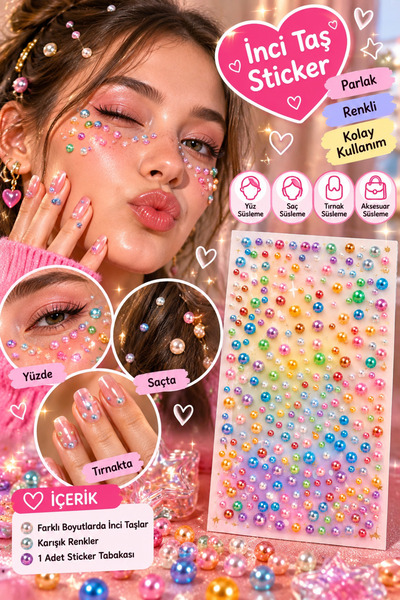 By MO Accessories Yapışkanlı Renkli İnci Taş Sticker Seti – Yüz, Saç, Tırnak ...