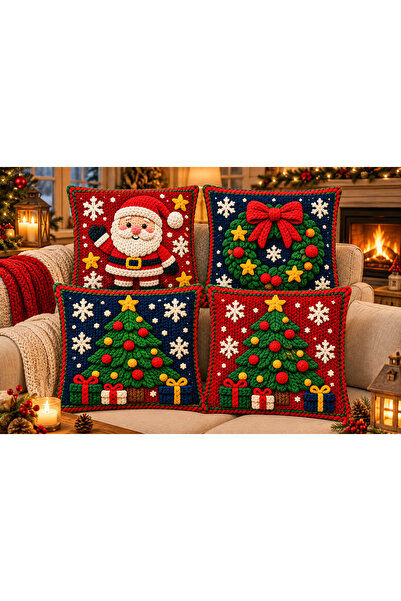 Sakallı Santa Claus Deer Pine Tree Wreath Patterned Digital Printed Set of 4 ...