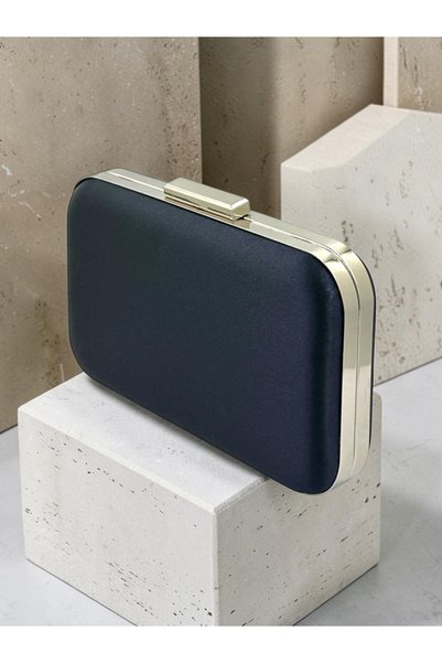 Biçanta Navy Blue Satin Silver Metal Detailed Crystal Stone Embroidered Chain Strap Women's Evening Dress Bag Wedding Engagement Graduation