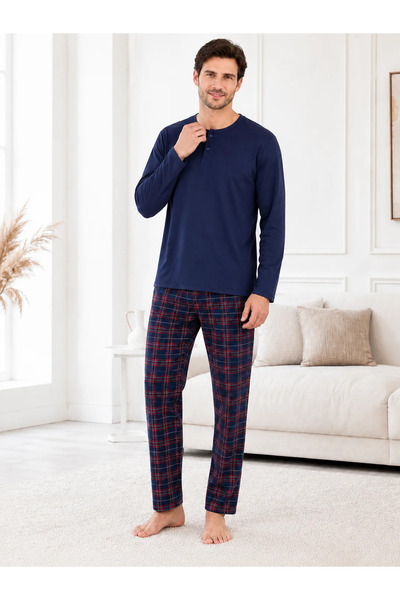 TOSKI Pijama Bărbați – Bluză Bleumarin cu Nasturi și Pantalon Carouri Bleumarin/Roșu