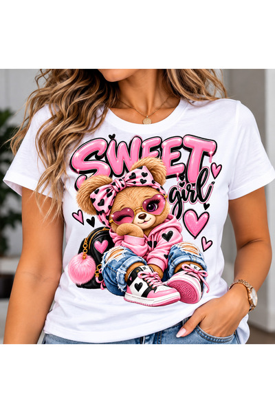 Generic Brand Tricou unisex cu imprimeu ursuleț roz, 100% bumbac