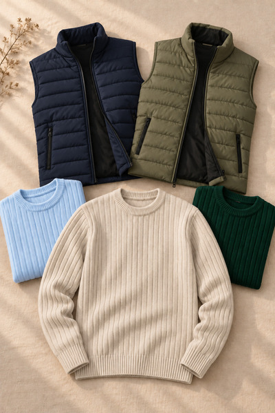 OTAKU 5-Piece Men's Combination Set – 2 Quilted Vests + 3 Crew Neck Sweaters