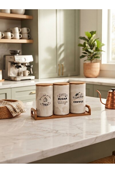 Generic Practical and Stylish Design Tea Sugar Coffee Canister Set Beige/Wooden
