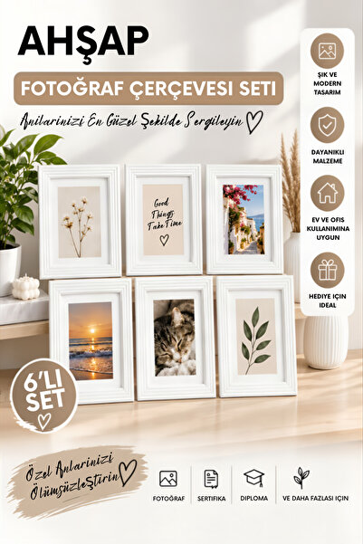 BRE HOME 6'lı Ahşap Çerçeve Seti 10x15 cm Fotoğraf Çerçevesi Dekoratif Masaüs...