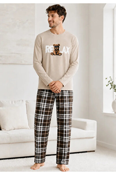 TOSKI Pijama Bărbați Bej cu Bluză Mâneci Lungi și Pantaloni în Carouri Maro