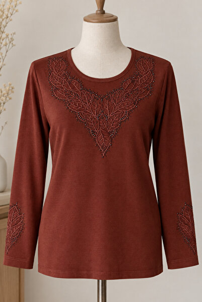 ÖZCAN Women's Luxury Mother's Combed Cotton Blouse with Stone Embellished Col...