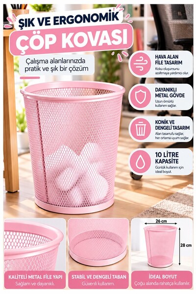 Artmaster Açık Pembe Çöp Kovası Paslanmaz Çelik Fileli 1 Adet Ofis Büro Okul ...