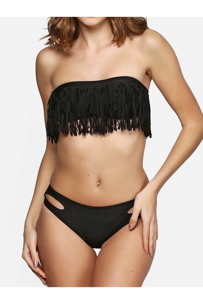 NO BRAND Costum de baie bikini din două piese, modelator, negru, cu volane, c...