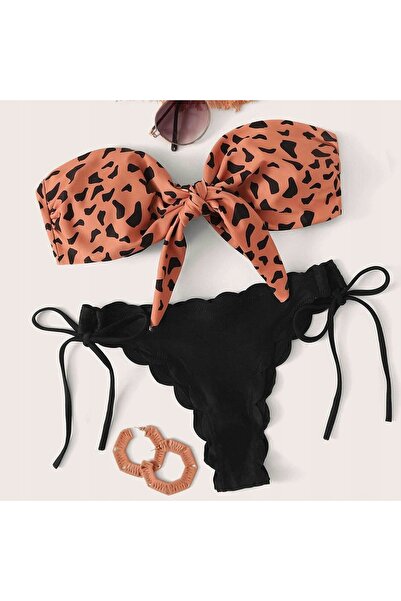 NO BRAND Bikini brazilian cu imprimeu leopard, tip bandeau, pentru plajă, măr...