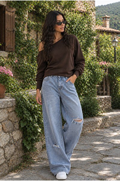 COTTONLAB Kahverengi Yumuşak Açık Omuzlu Kayık Yaka Kadın Sweatshirt
