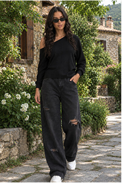 COTTONLAB Siyah Yumuşak Açık Omuzlu Kayık Yaka Kadın Sweatshirt