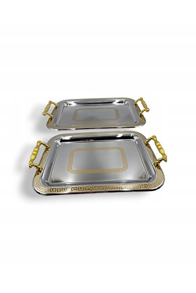 NO BRAND Tavă decorativă cu mânere, argintată, set de 2 bucăți, elegantă