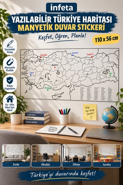 İnfeta 110 x 56 cm Magnetska tiha zidna nalepnica sa mapom Turske, koja se mo...