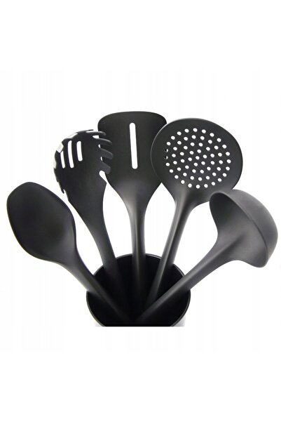 NO BRAND Set de ustensile de bucătărie cu suport, spatulă, polonic, negru, 5 ...