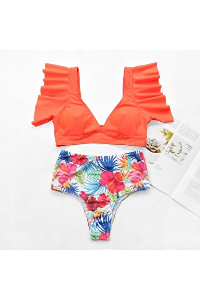 NO BRAND Costum de baie cu imprimeu floral, cu volane, din două piese, cu tal...