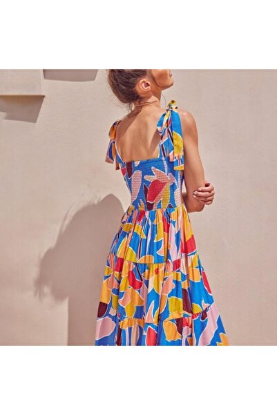 NO BRAND Rochie lungă, flori, albastru, boho, plajă, bretele cu legătură, vară