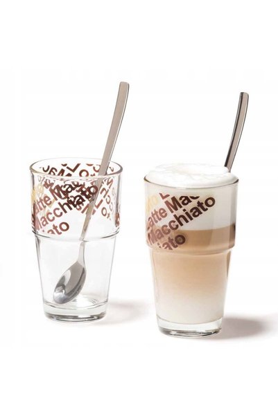 NO BRAND LEONARDO Set de 2 pahare de sticlă cu lingurițe Latte Solo