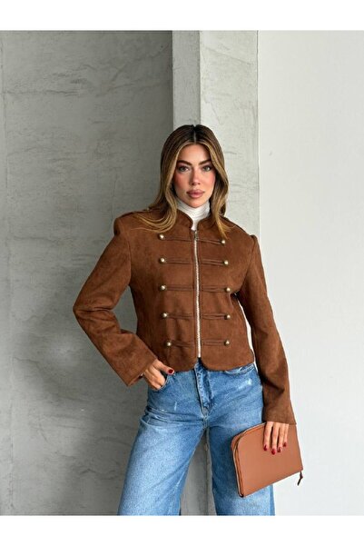 asyadabutik Women's Special Model Scuba Suede Fabric Zippered Jacket with Apo...