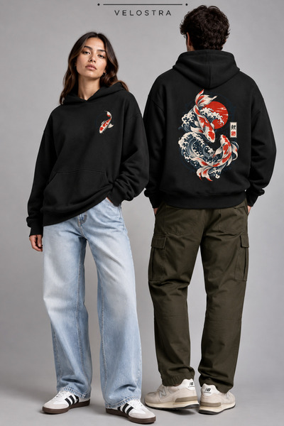 Velostra Unisex Ιαπωνικό φούτερ με στάμπα ψαριού Koi, με σχέδιο μπροστά και π...