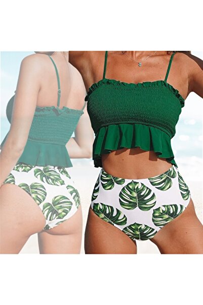 NO BRAND Costum de baie din două piese, cu volane, talie înaltă, push-up, măr...