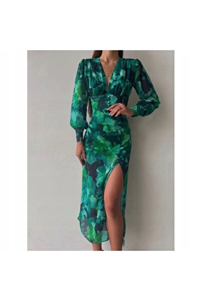NO BRAND Rochie midi de vară, imprimată, sexy, verde, vintage, cu mâneci lung...