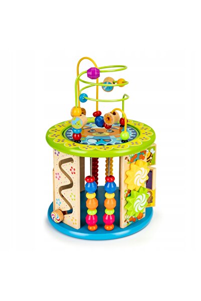 Ecotoys Cub educativ din lemn cu jocuri, cuburi și pescuit
