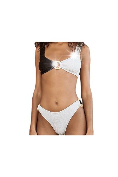 NO BRAND Costum de baie din două piese alb-negru, tip bikini cu cerc decorati...
