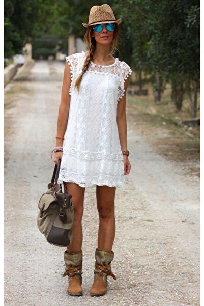 NO BRAND Pareo ajurat, tip cover-up pentru rochie/tunică, stil boho, alb