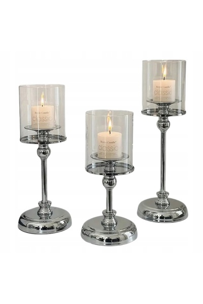 ISO TRADE Set de 3 felinare decorative din sticlă argintie, cu picior, stil g...