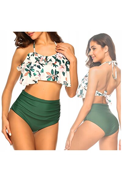 NO BRAND Set bikini stil spaniol cu flori și volane, talie înaltă, XL